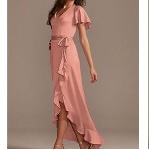 David’s Bridal Hi Lo Flutter Sleeve Satin Dress Dessert Coral